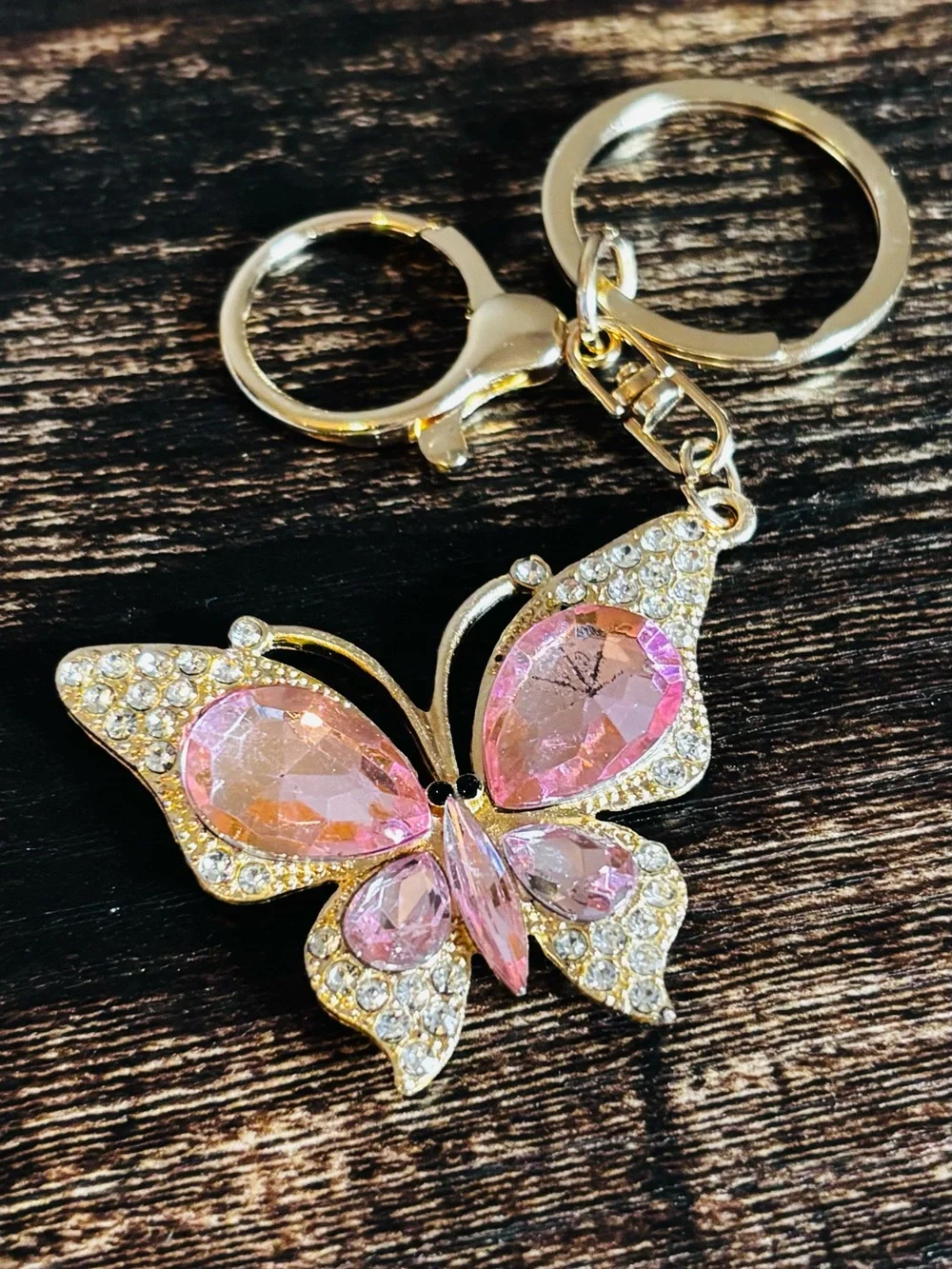 Pink Crystal Rhinestone Butterfly Keychain - Gold Tone